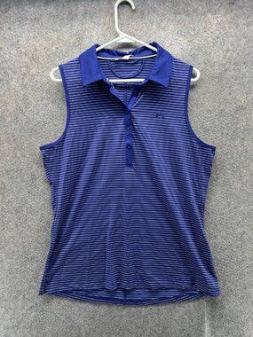 Under Armour Polo Shirt Womens XL Blue Stripe HeatGear Sleeveless Golf Top